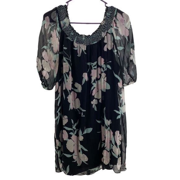 Anthropologie Maeve XS Paola Silk Floral Mini Dress Black Flowy Long Sleeve Boho - Picture 2 of 12